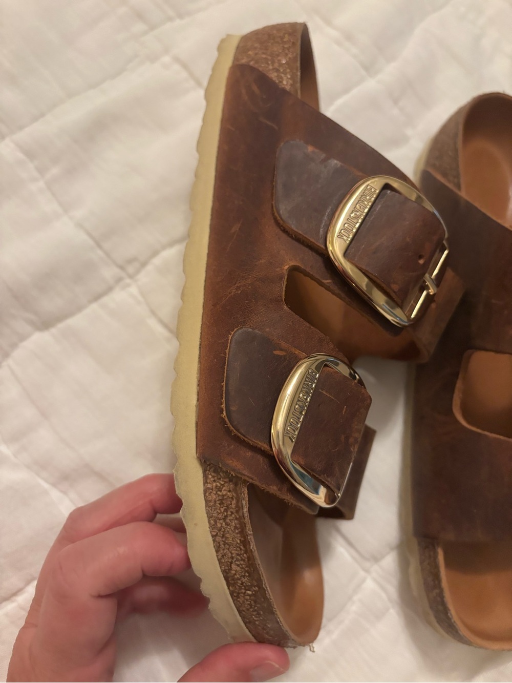 Birkenstock Brown Leather Double Buckle Sandals with Gold Buckles - Picture 3 of 6